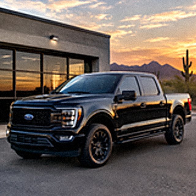 Black Ford F-150 outside the shop at sunset