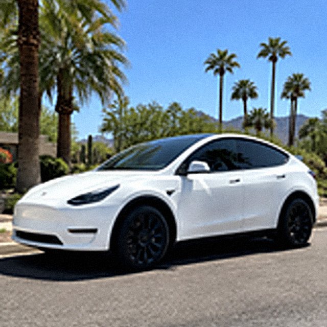White Tesla Model Y with tinted glass among palm trees